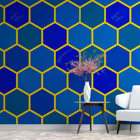 3D Wallpaper with Blue Honeycombs for wall decoration