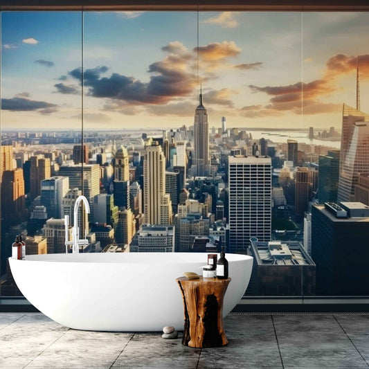 Impressive New York wall mural wallpaper featuring the iconic skyline with the Statue of Liberty and Empire State Building, capturing the essence of the city that never sleeps.