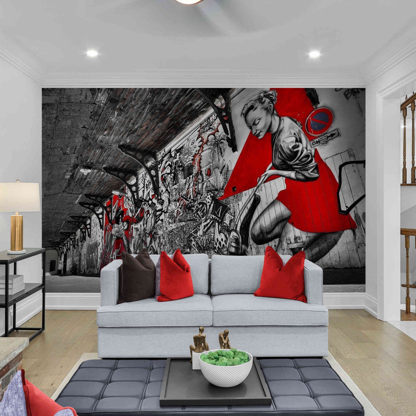 Colorful abstract graffiti landscape, transforming spaces with dynamic wall mural art.