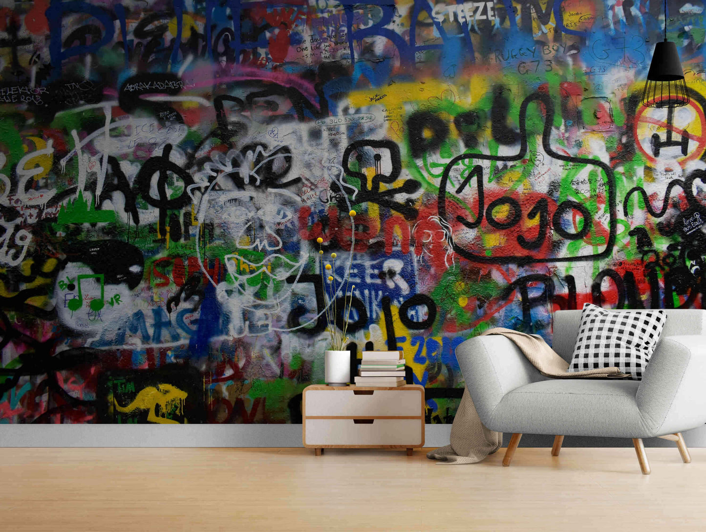 Abstract graffiti designs on peel and stick mural wallpape