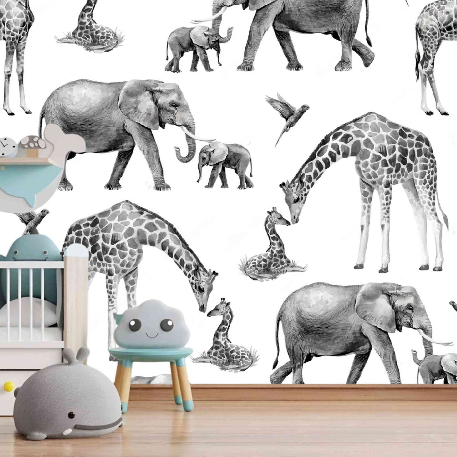 African Animals Kids Wallpaper - Elephant and Giraffe