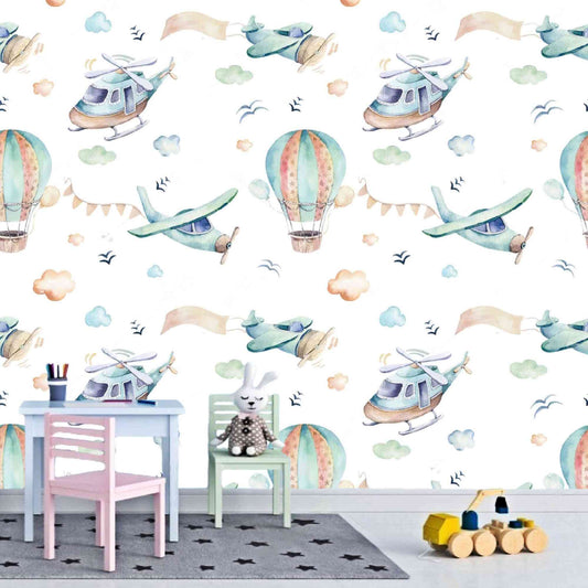 Airplanes with Balloons Wallpaper in Baby Boy's Nursery
