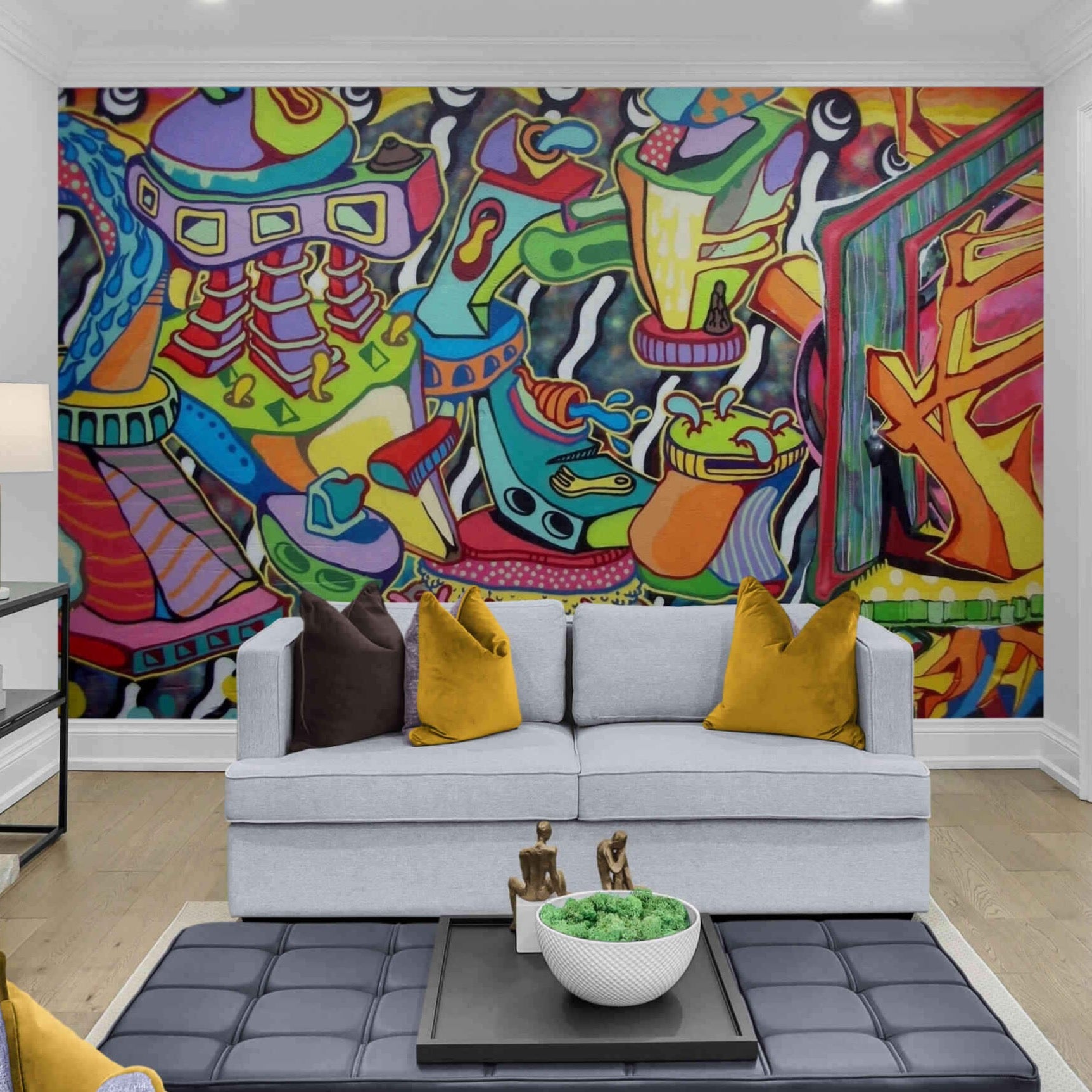 Elegant Art Deco and vibrant graffiti fusion on a wall mural, blending classic and modern styles.