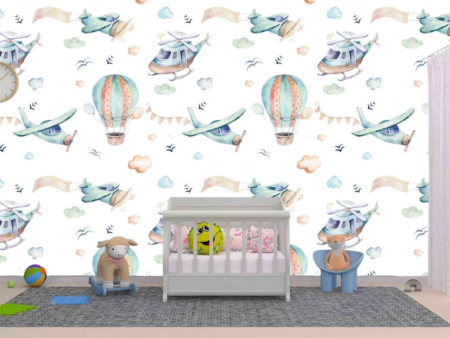 Whimsical Aviation-Themed Wallpaper for Baby Boy's Room