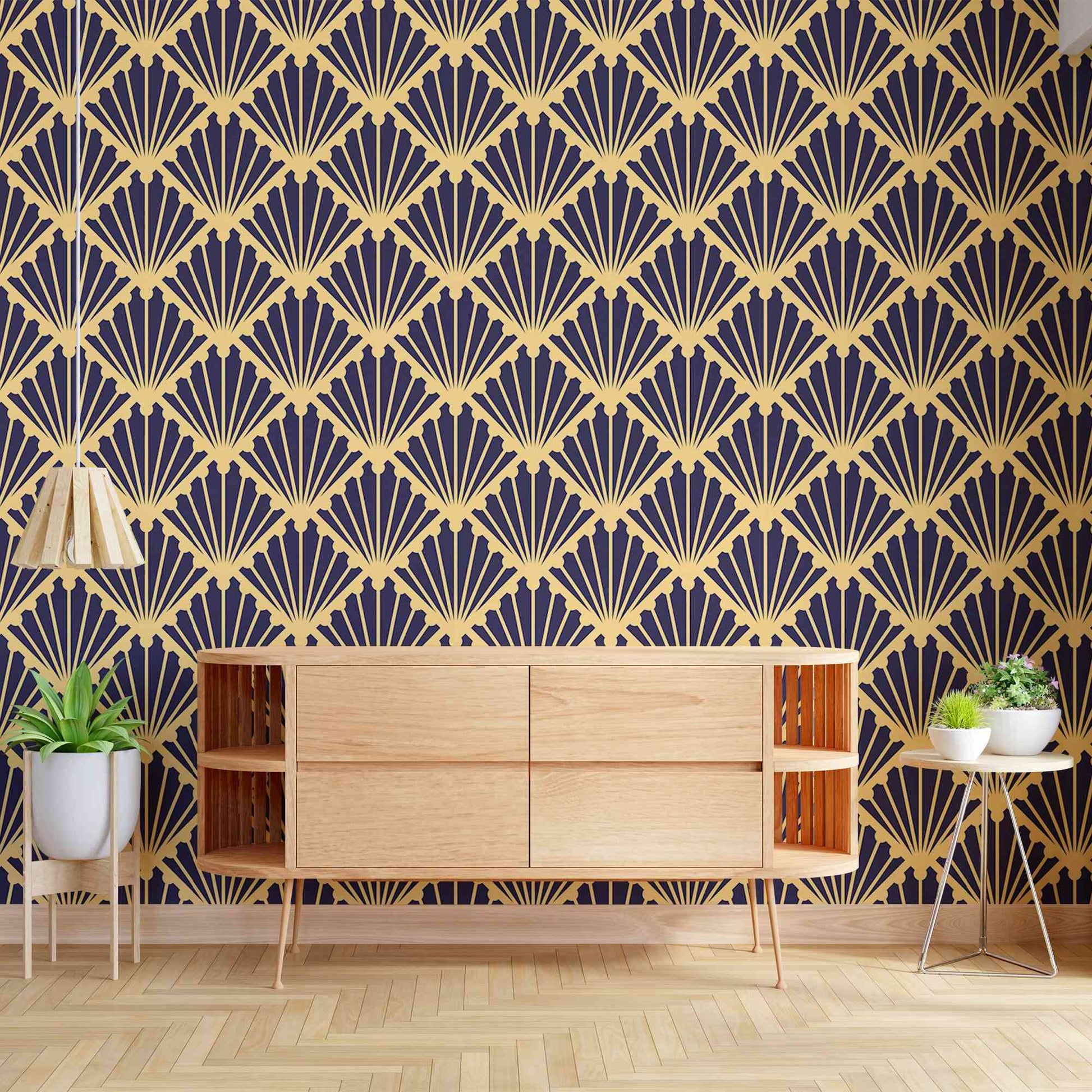 Black with gold murals floral pattern wallpaper adorning a stylish room.