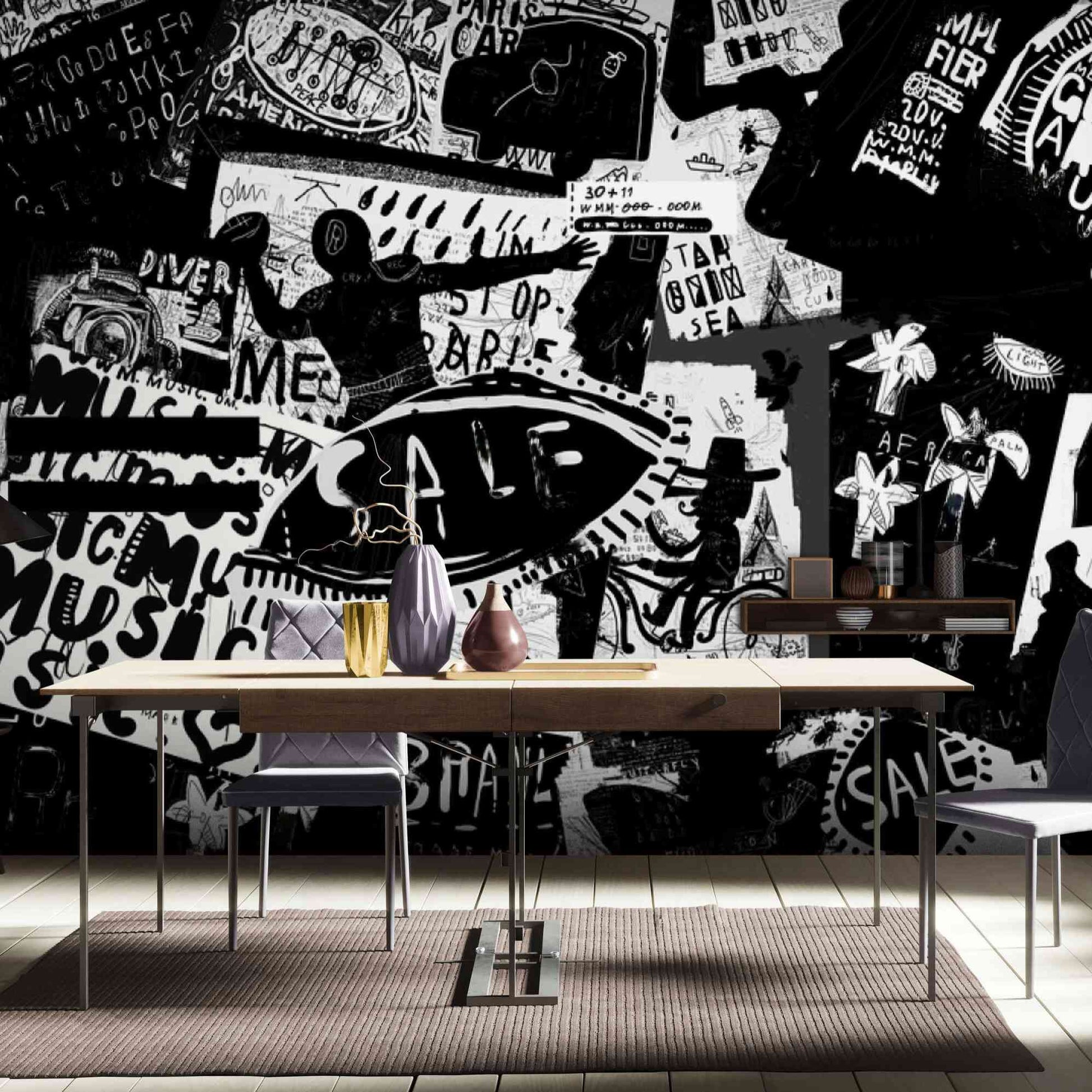 Black Graffiti Mural Wallpaper - Closeup of Design