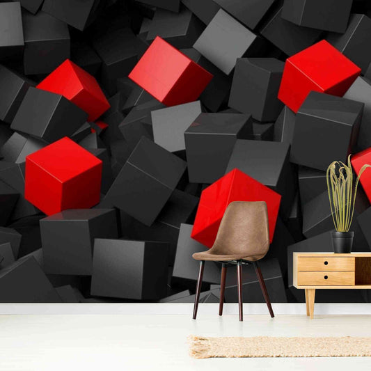 Striking black and red cubes 3D wallpaper in a modern interior setting
