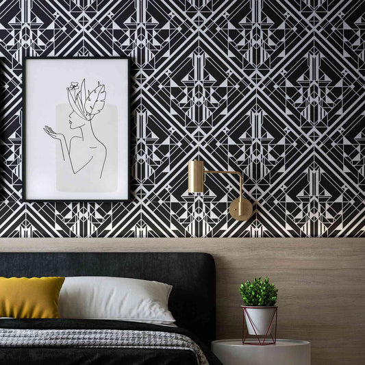 Elegant black and white pattern luxury wallpaper for a striking interior contrast.