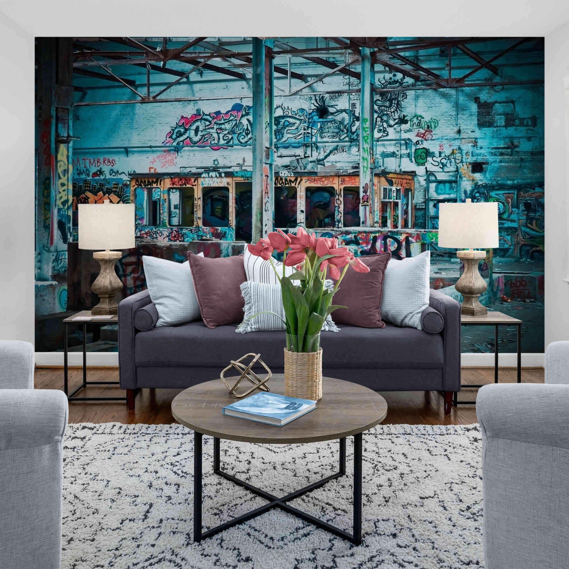 Serene shades of blue in urban graffiti wallpaper, self-adhesive for easy application.