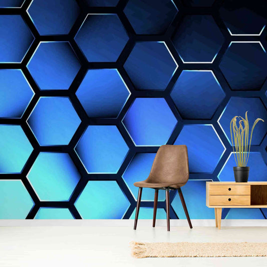 Blue Hexagons 3D Wallpaper Close-Up