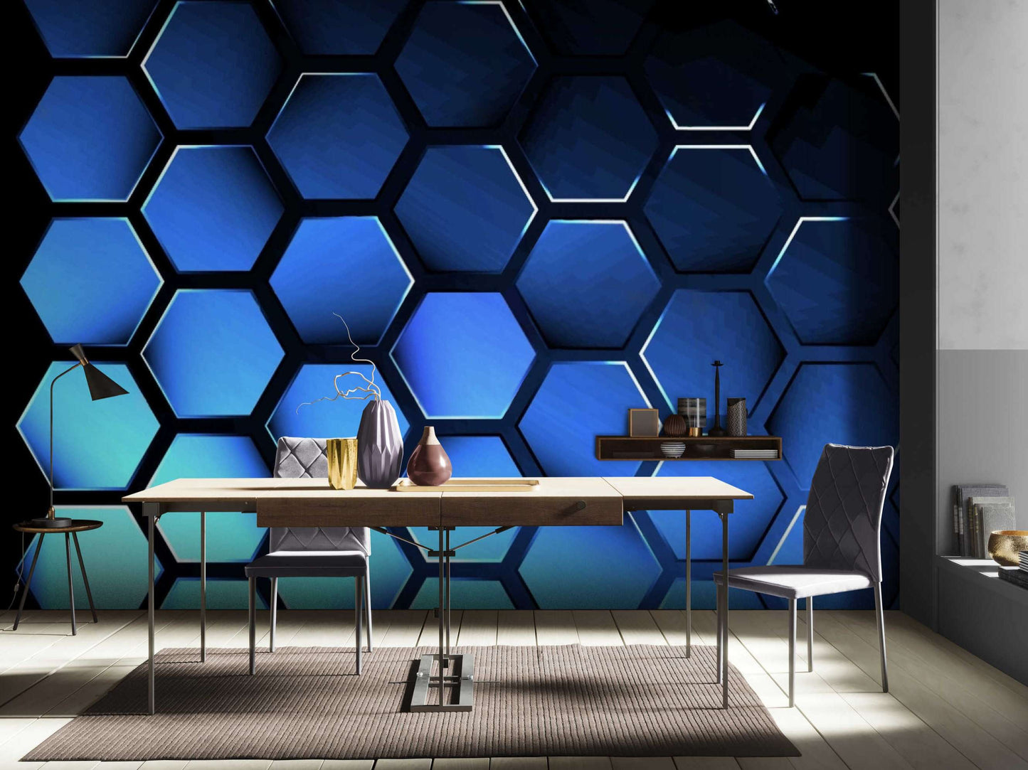 Blue Hexagons 3D Wallpaper in Bedroom accent wall