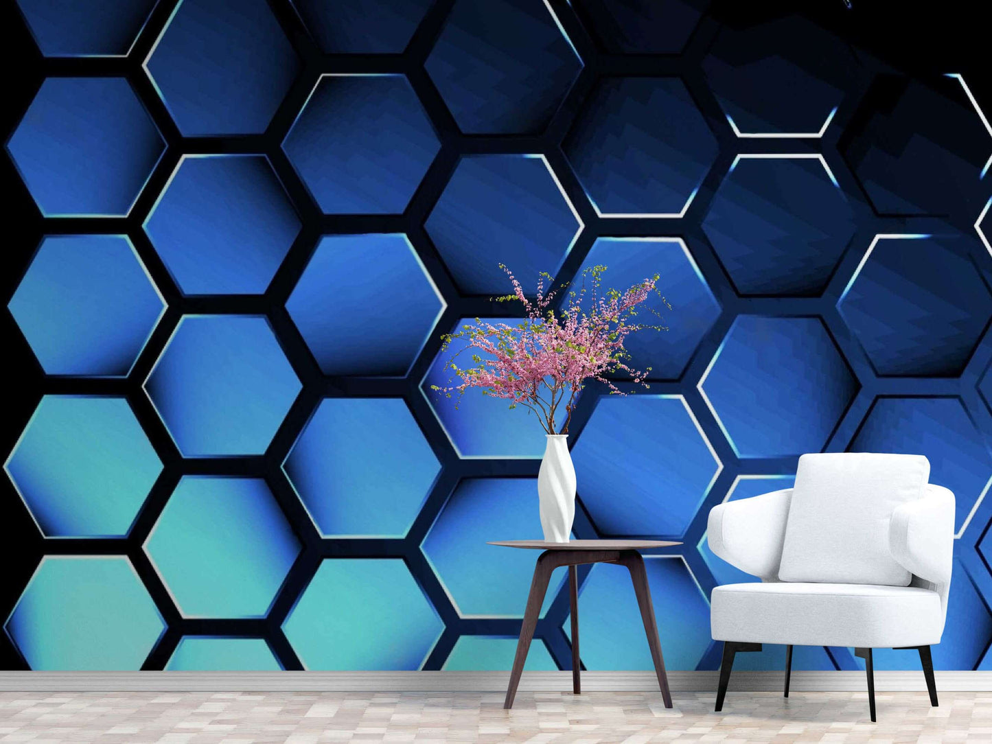 Blue Hexagons 3D Wallpaper Installed on Wall