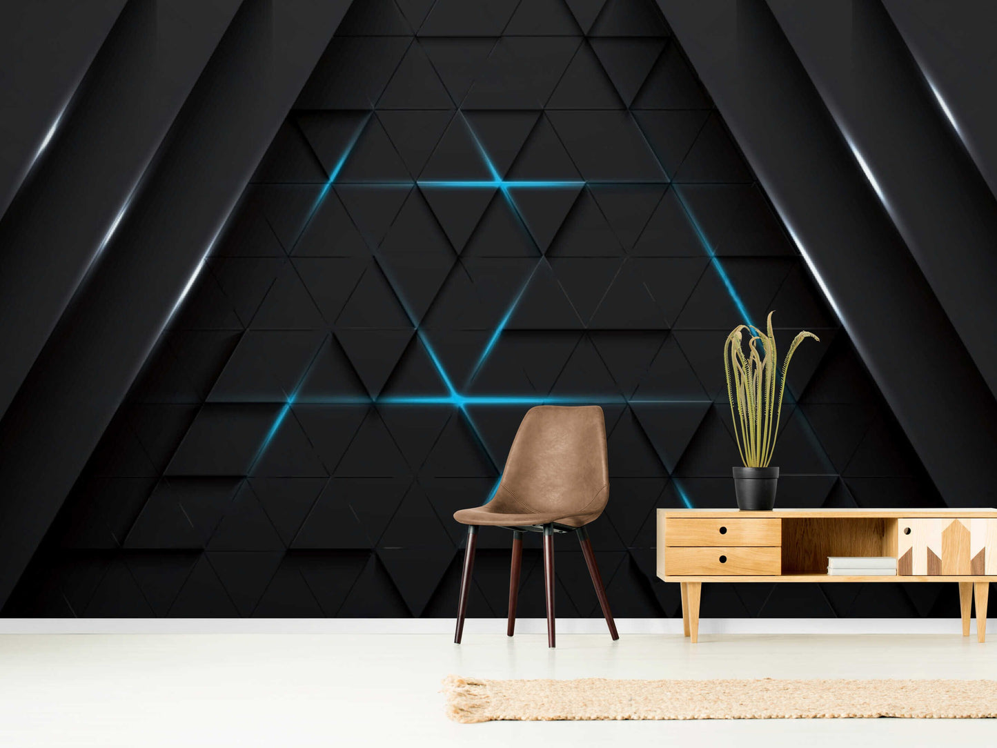 Striking blue neon wall mural with a dark 3D background for a contemporary look