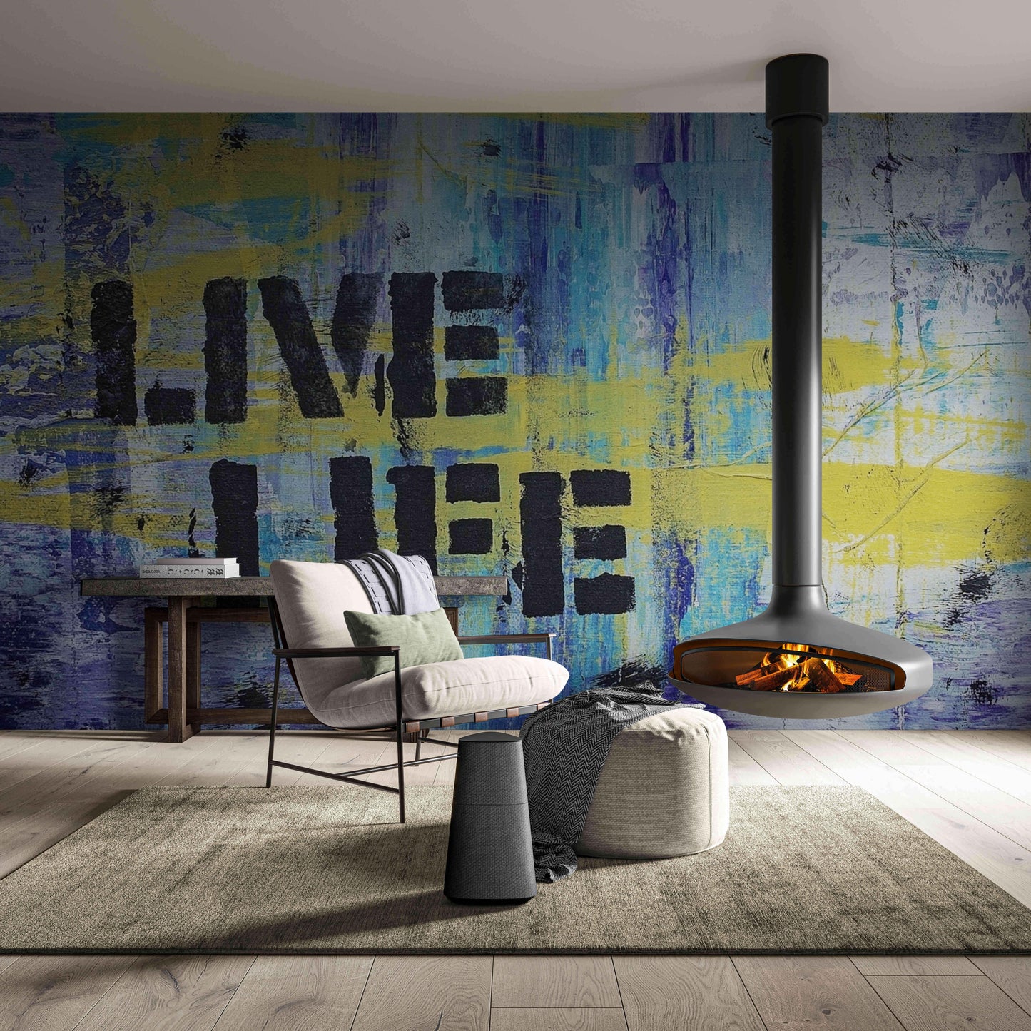 Energetic blue and yellow wall featuring 'Live' graffiti inscription, symbolizing vitality and inspiration.