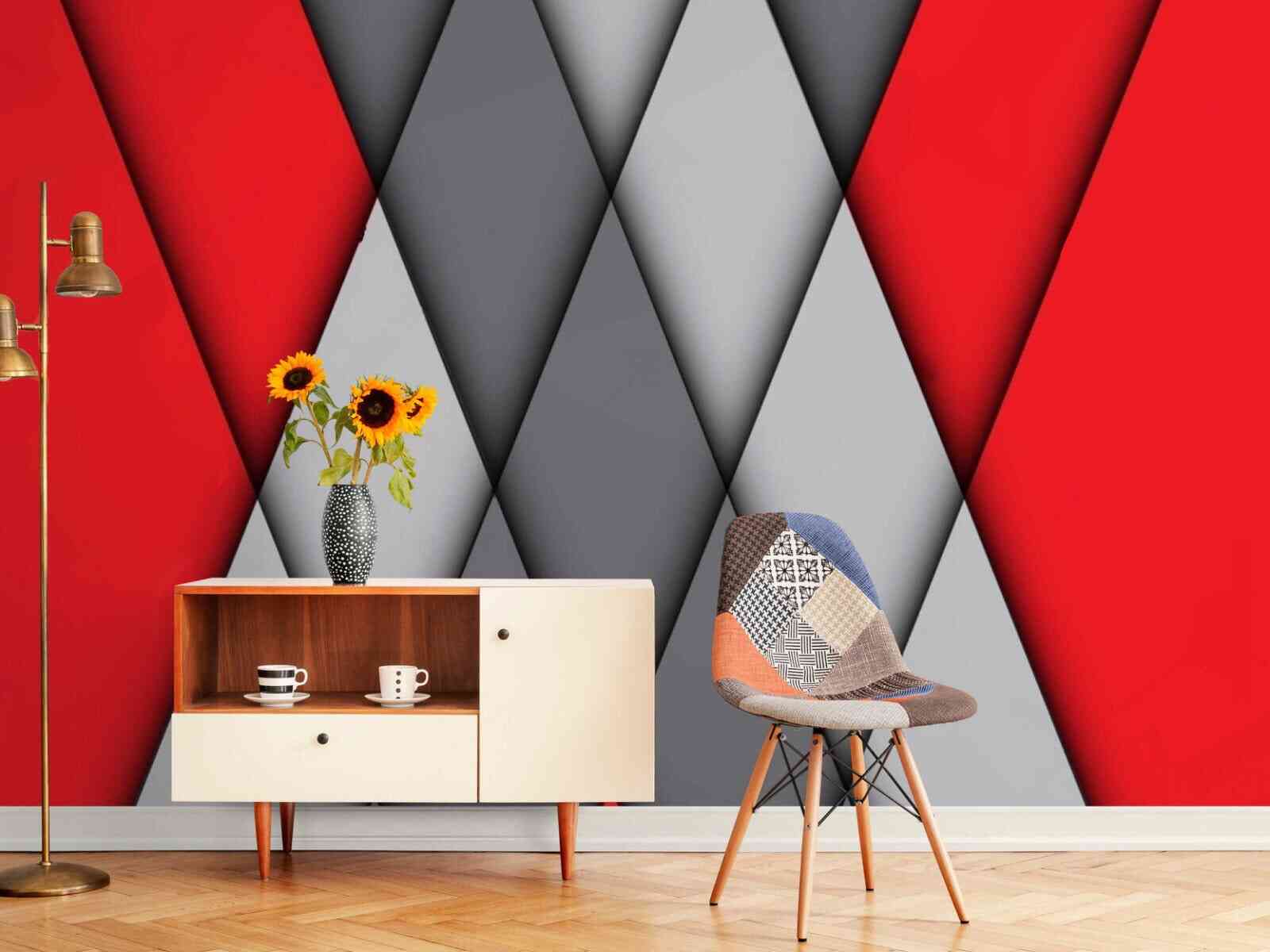 Eye-catching geometric red with grey wallpaper adding vibrancy to a room