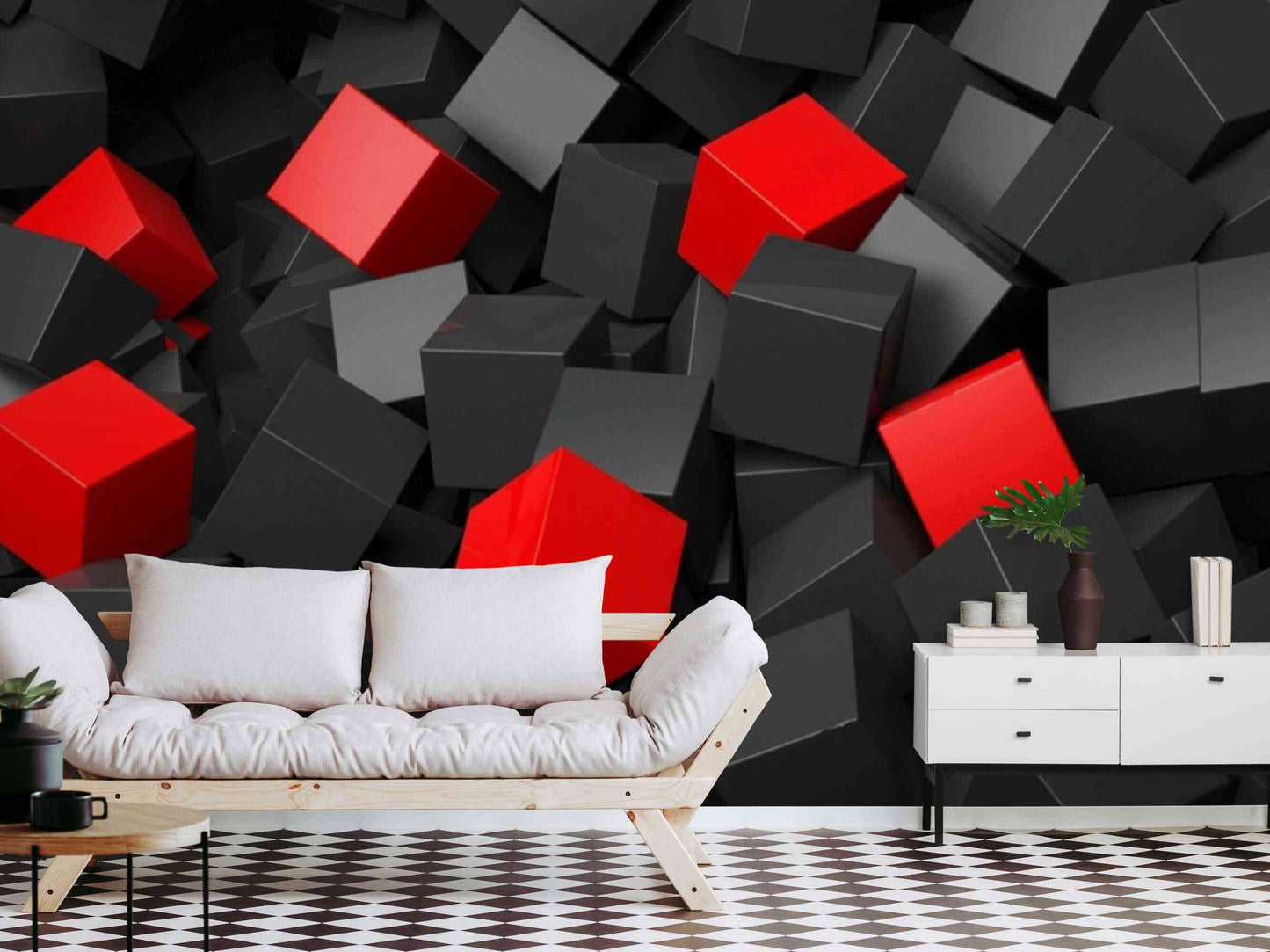 Eye-catching black and red geometric wallpaper adding vibrancy to a room