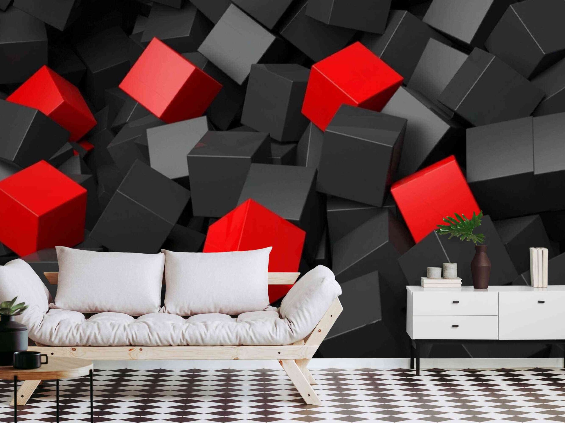 Eye-catching black and red geometric wallpaper adding vibrancy to a room