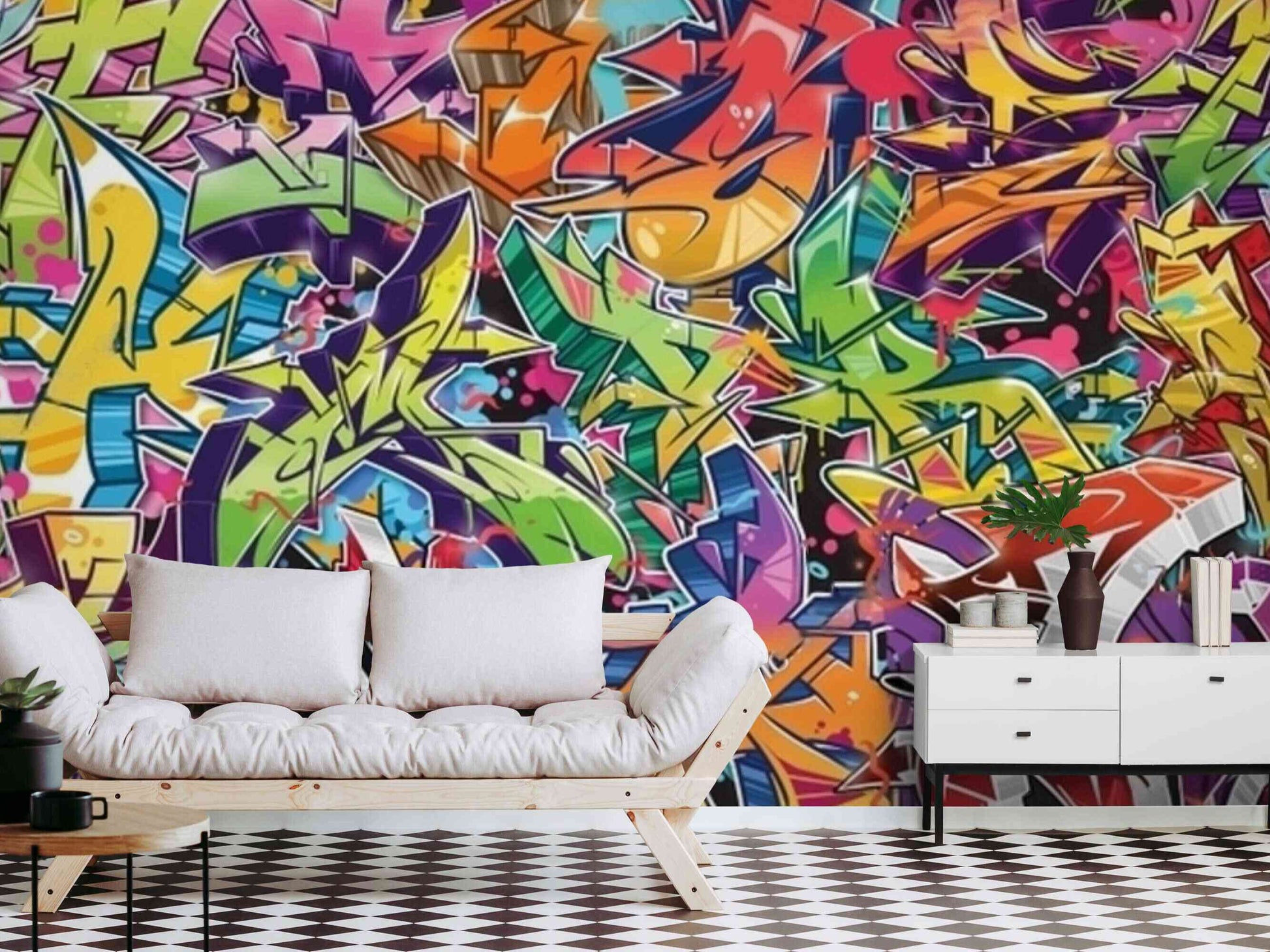 Room showcasing the bold graffiti wallpaper mural design
