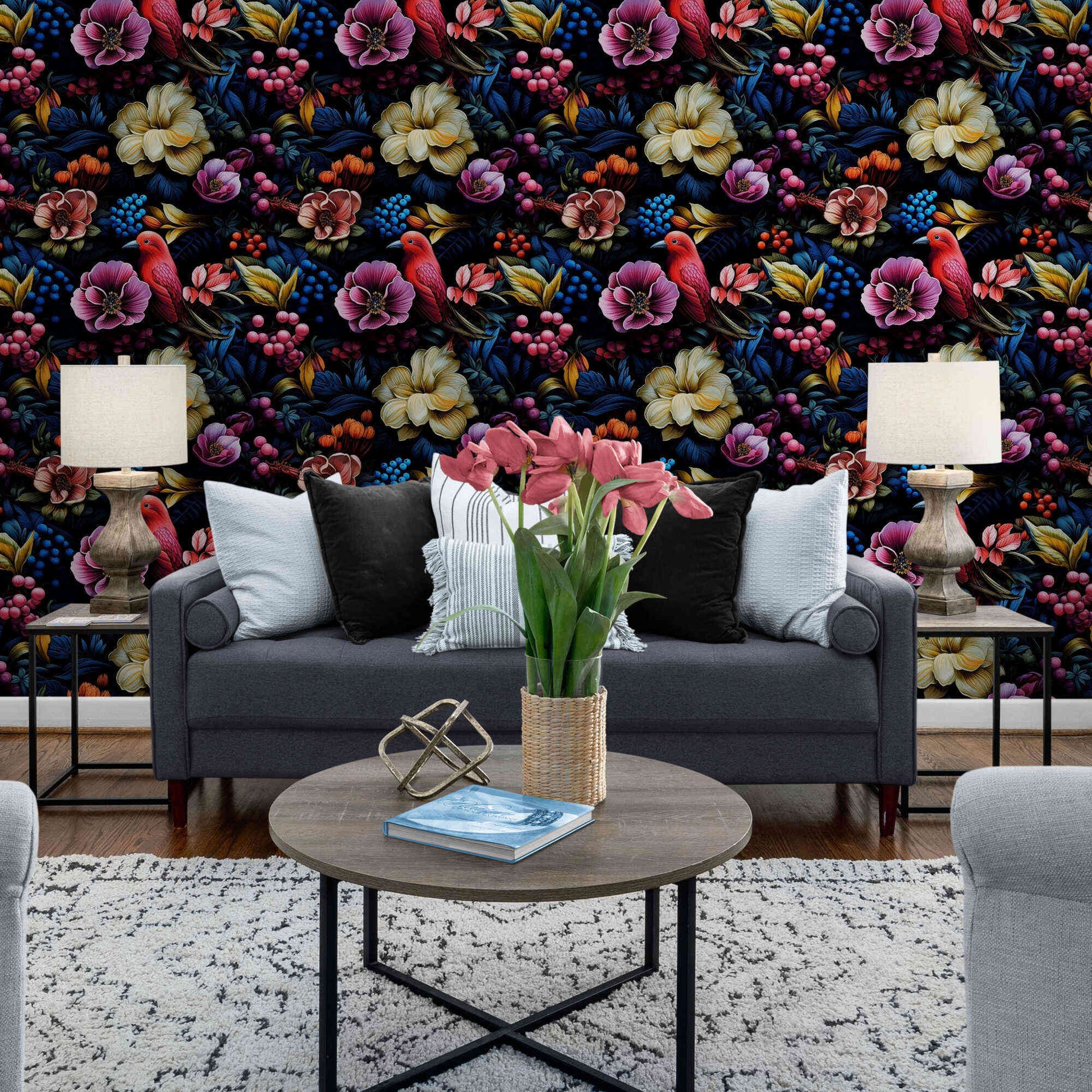 Lush botanical mural showcasing a vibrant array of greenery and flowers, transforming walls into a rich, garden oasis.