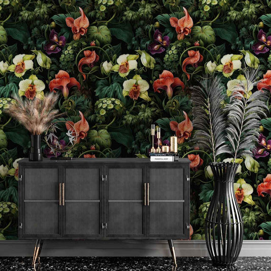 Elegant floral botanical wall mural wallpaper showcasing a vibrant mix of colorful flowers and lush greenery, bringing a serene and natural ambiance to any room.