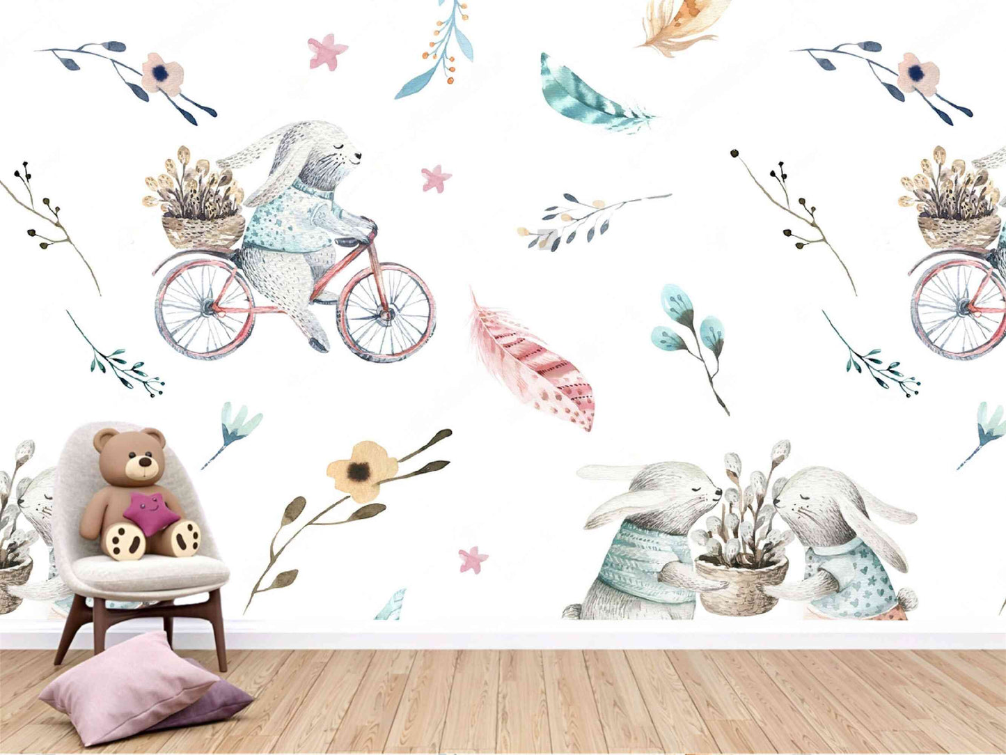Artistic bunny design adds a touch of enchantment to any space - Rabbit Mural Wallpaper