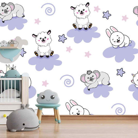 Whimsical cartoon animal wallpaper in a newborn's nursery, adding a playful and charming atmosphere.