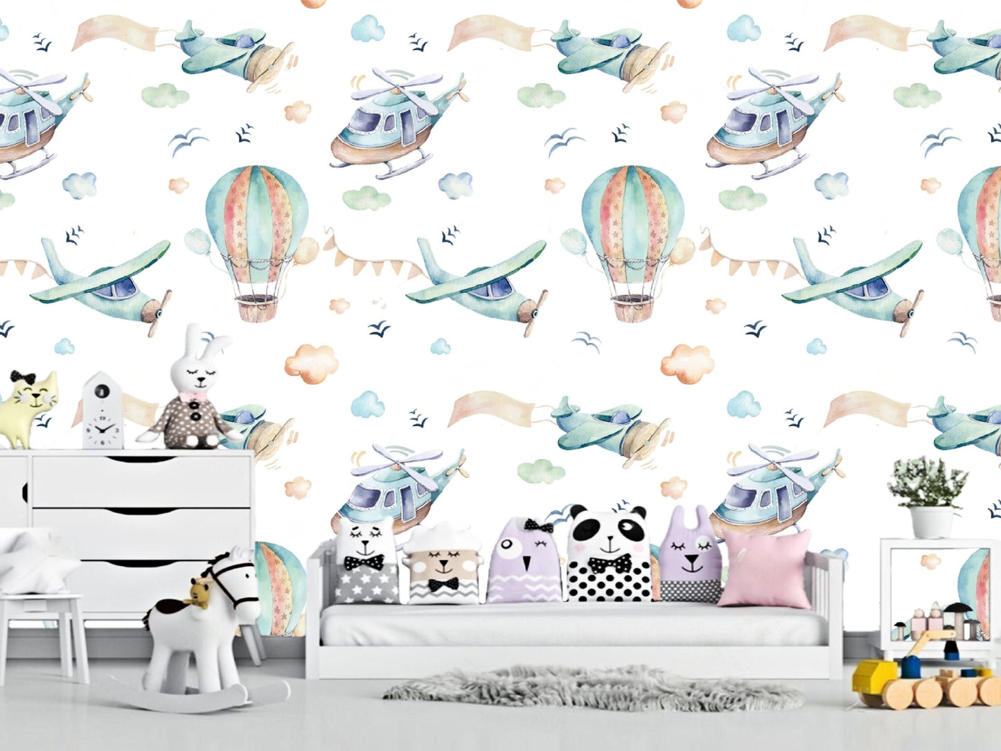 Playful Balloon and Airplane Wallpaper for Nursery Decor