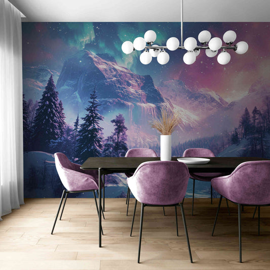 Celestial glow of the northern lights in this nature wallpaper, illuminating spaces with ethereal beauty.