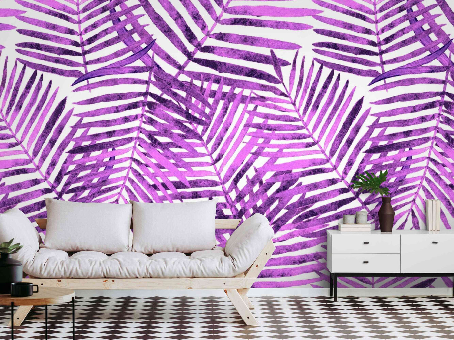Chic and elegant purple leaves wallpaper in a contemporary room setting