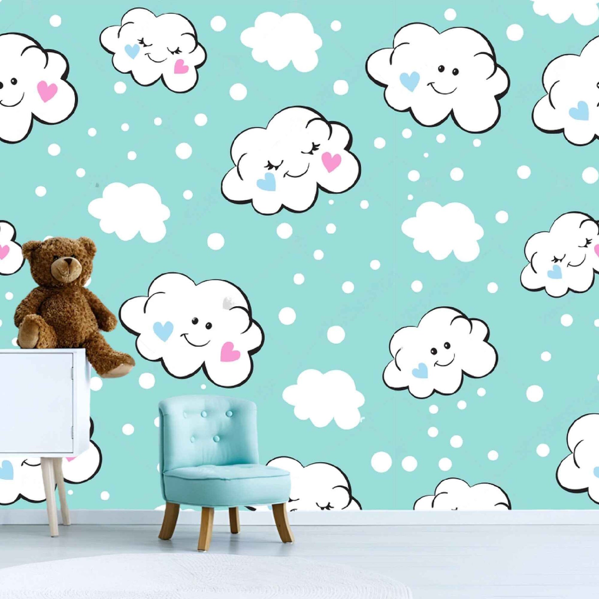 Whimsical clouds mural kids wallpaper in a bedroom, evoking a dreamy and tranquil ambiance.
