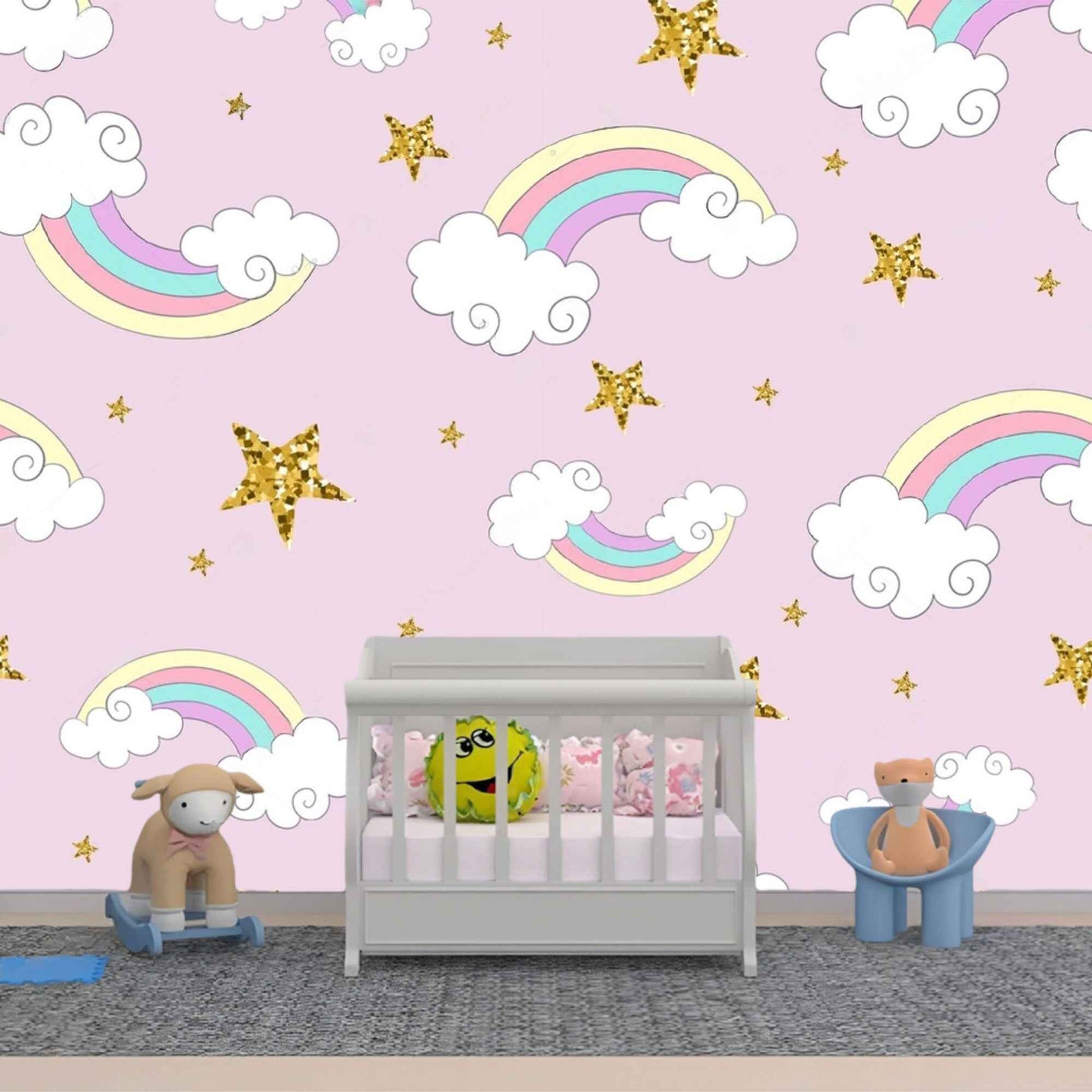 Colorful rainbow wallpaper in a baby girl's nursery, adding a playful and enchanting atmosphere.