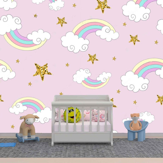 Colorful rainbow wallpaper in a baby girl's nursery, adding a playful and enchanting atmosphere.