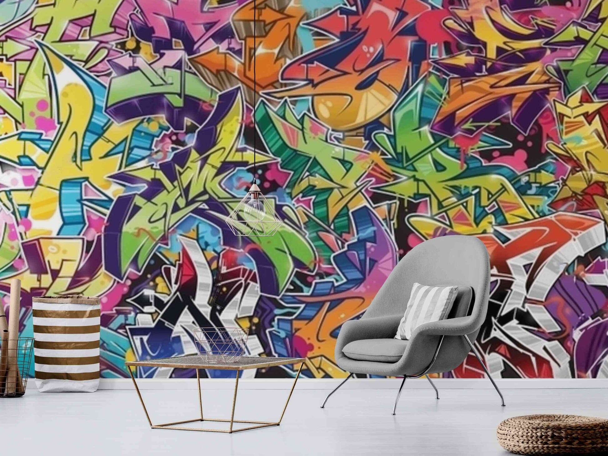 Close-up view of a vibrant street art-inspired wall mural