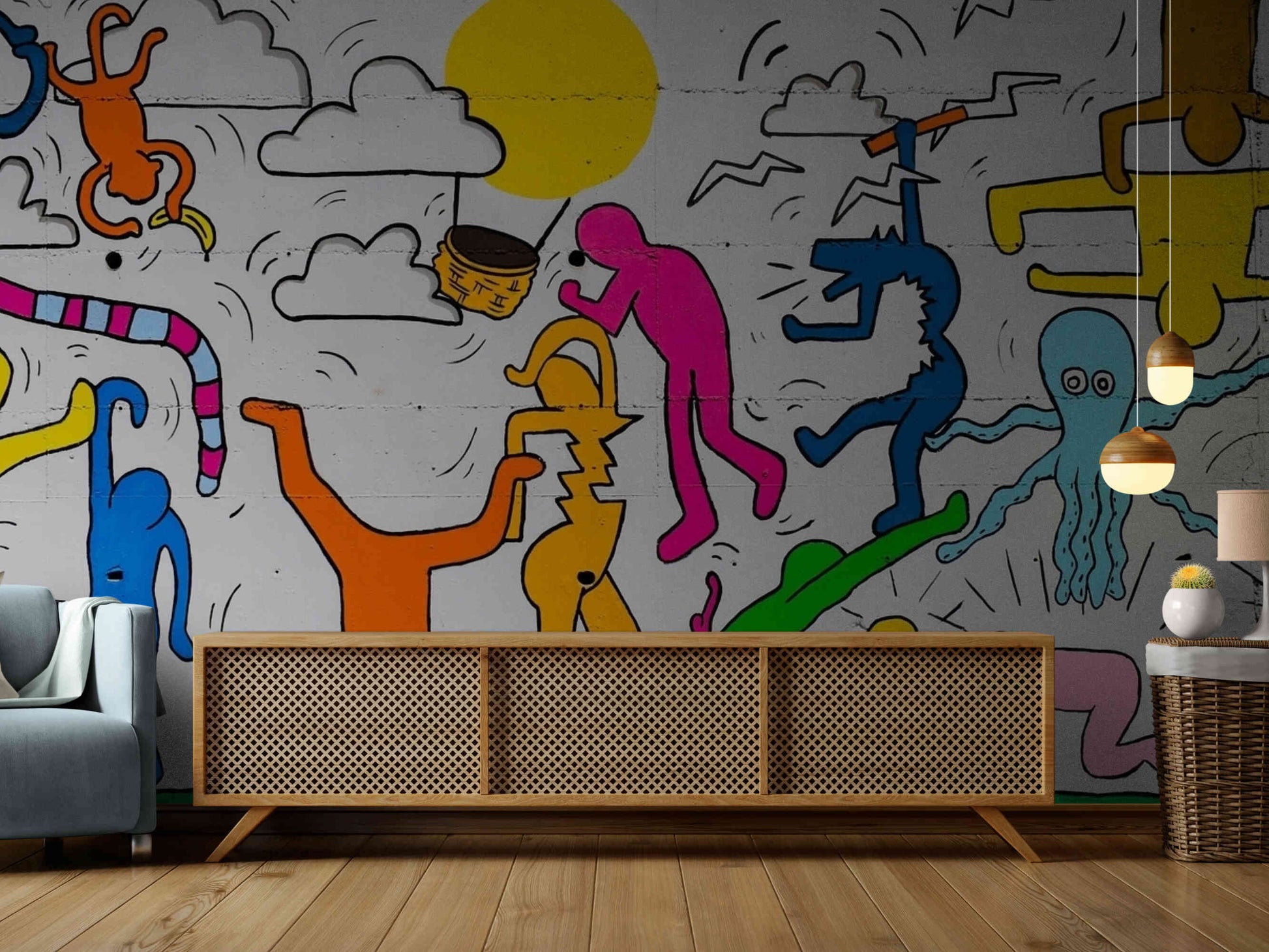 Comic culture meets urban art in this graffiti wall mural, featuring bold colors and iconic characters