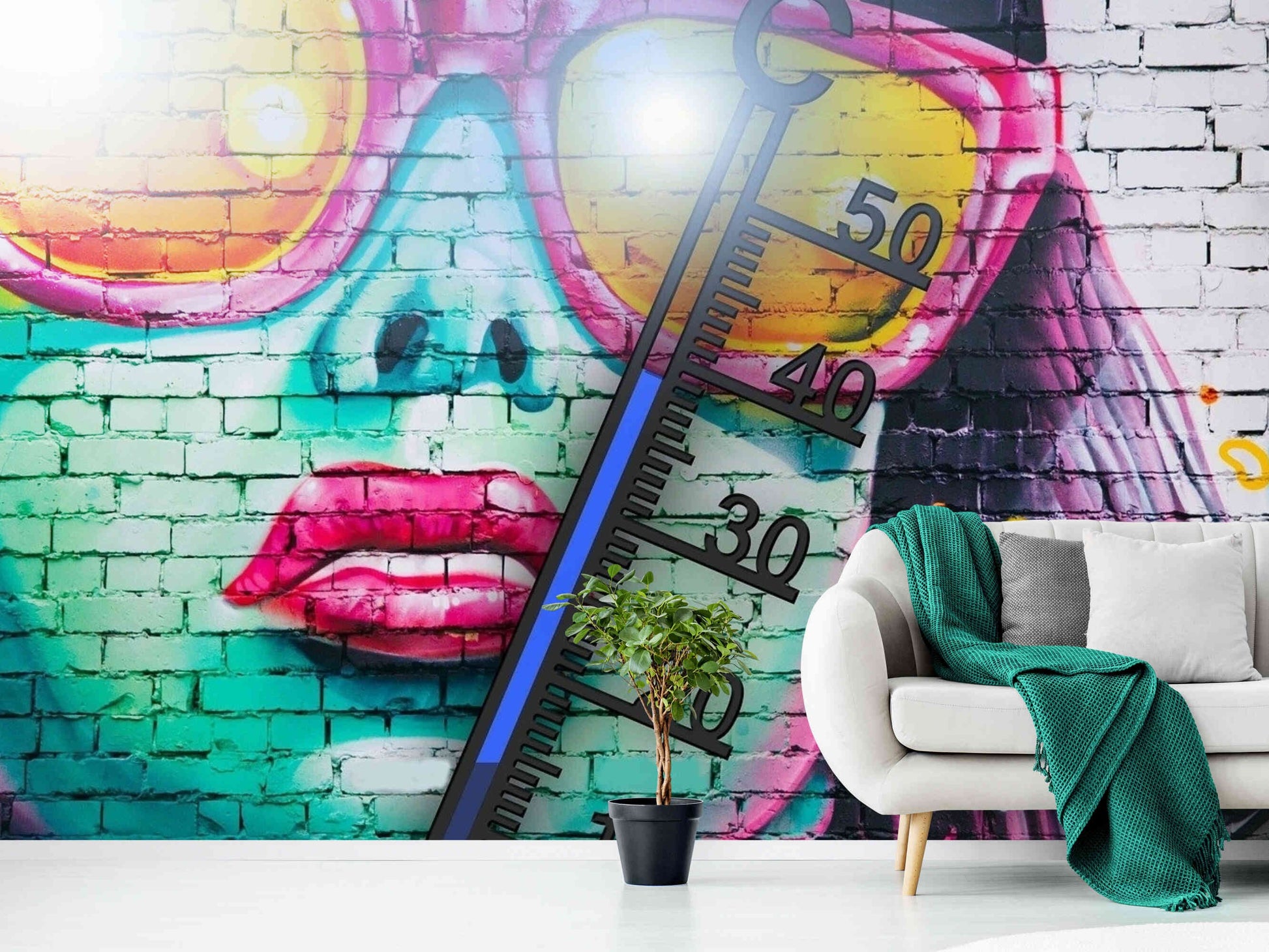 Contemporary art meets street style with a graffiti girl on white brick wall mural wallpaper.