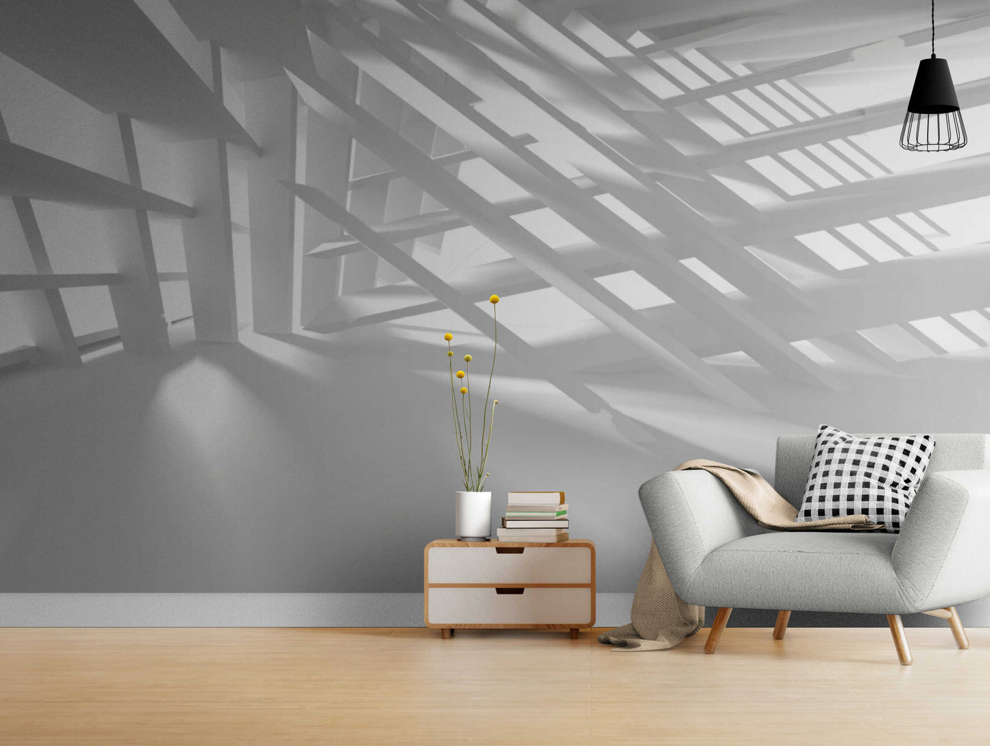 Contemporary minimalist wall decor with white 3D wallpaper in a serene setting