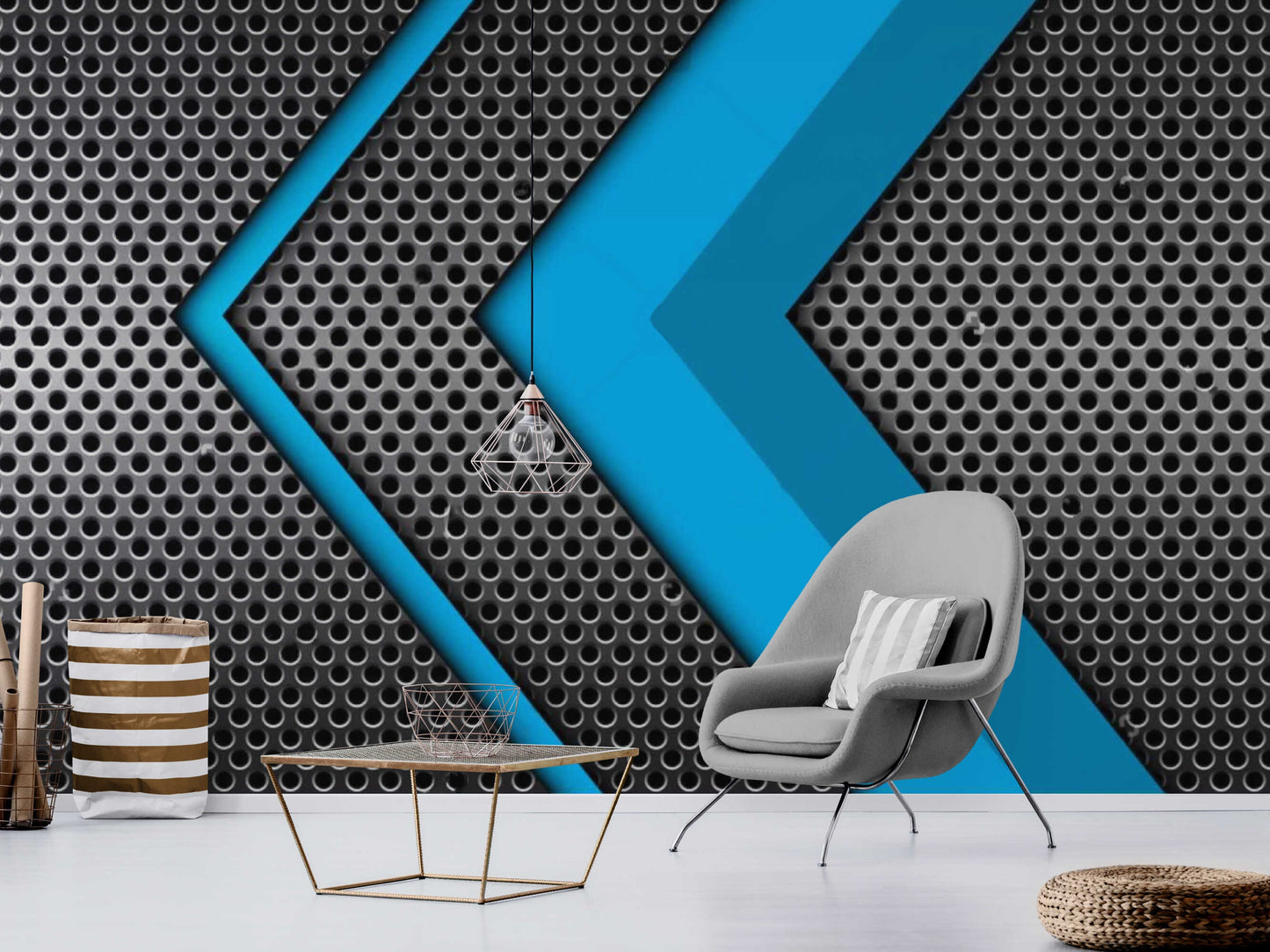 Silver perforated metal wallpaper with a blue accent wall design, creating an industrial-chic ambiance.