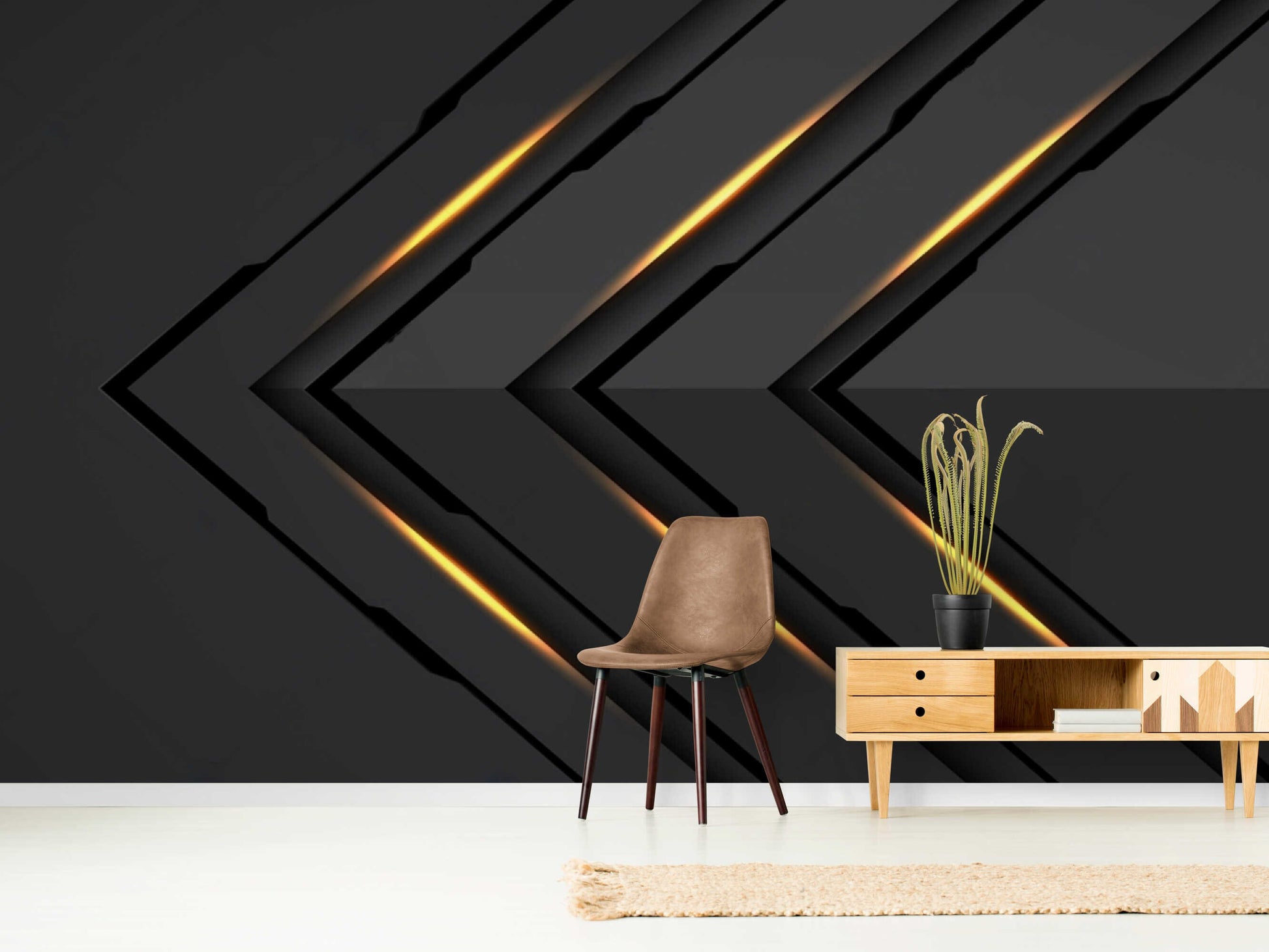 Contemporary wall decor featuring dark gray 3D wallpaper with shimmering gold neon lights