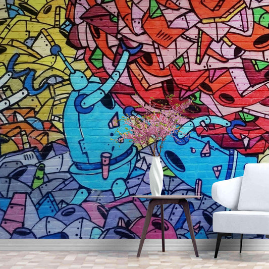 Urban cool graffiti wallpaper adding a splash of color and style to bedroom walls.