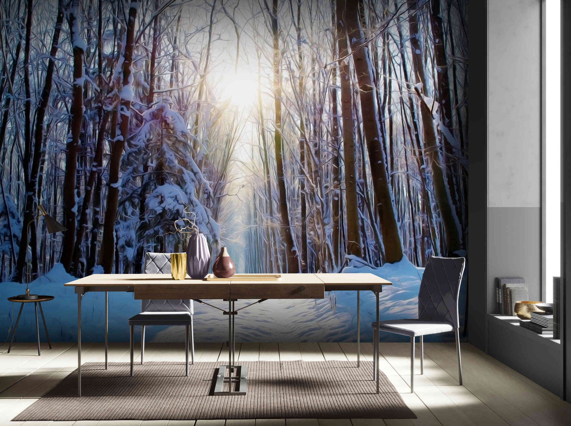 Cozy winter wallpaper, perfect for transforming any space into a snug retreat amidst snow-clad trees.