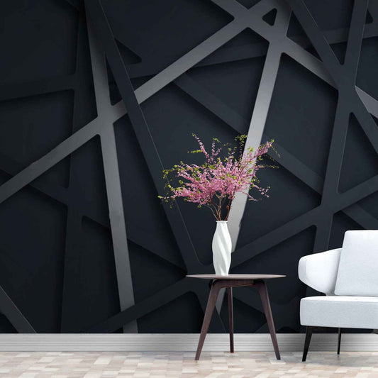 Custom 3D wallpaper showcasing dark and grey murals, adding depth and sophistication to the space.