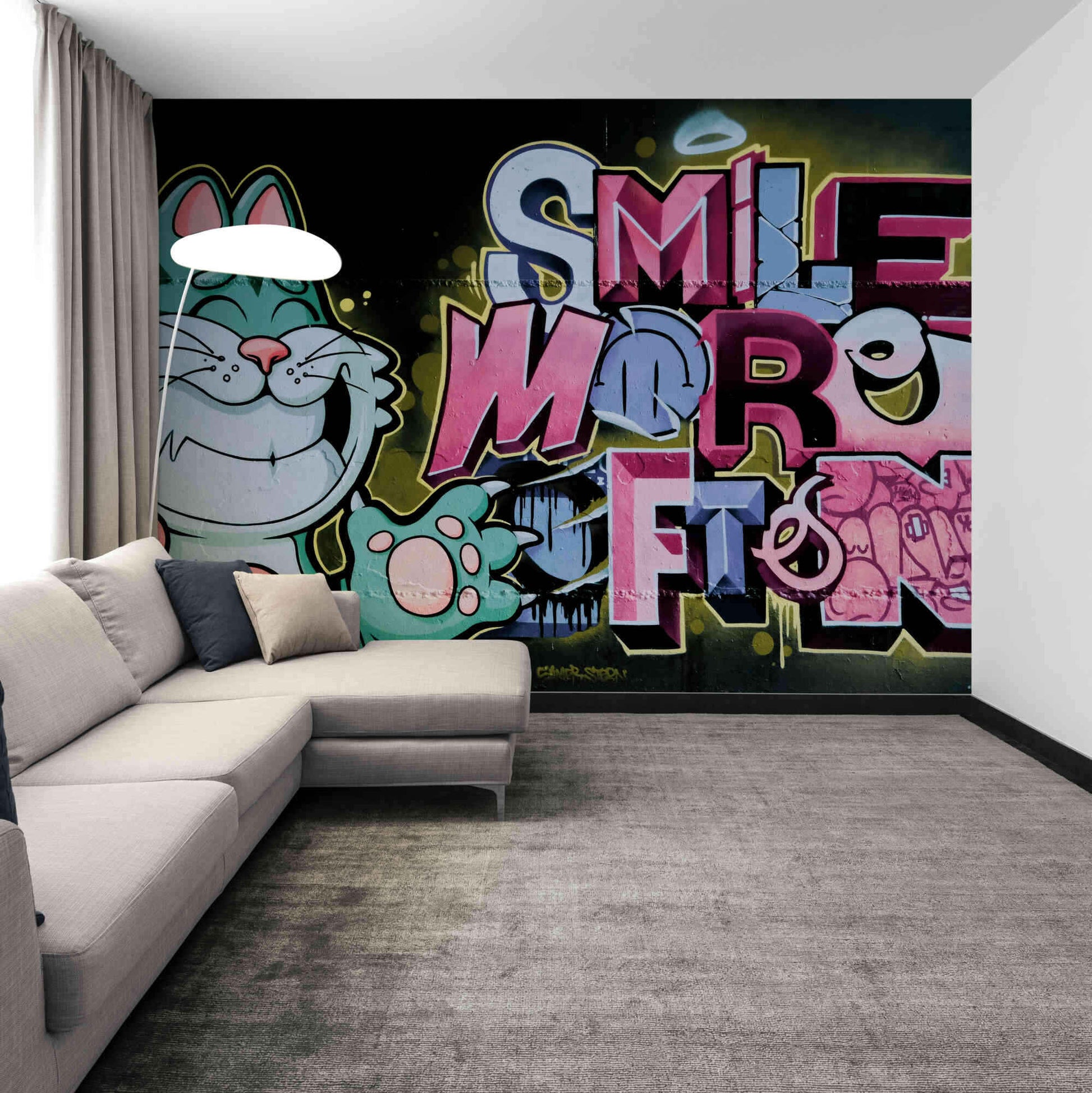 Cute animal friends in colorful graffiti cartoon wallpaper for a cheerful bedroom atmosphere.