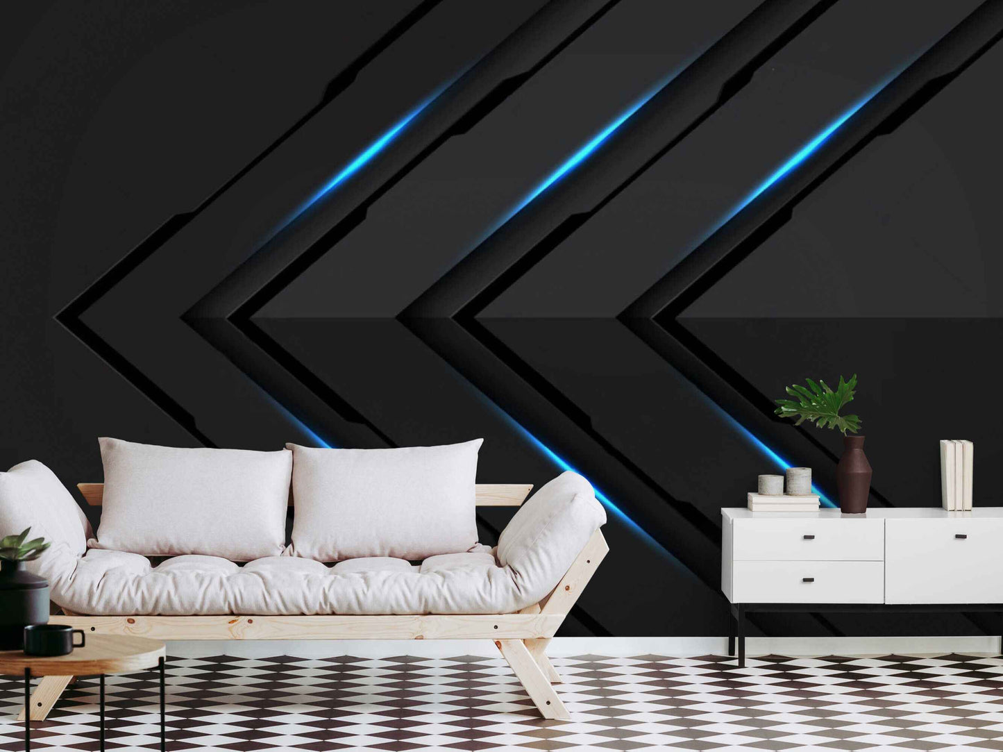 Sleek cyber wallpaper mural, infusing the space with high-tech aesthetics.