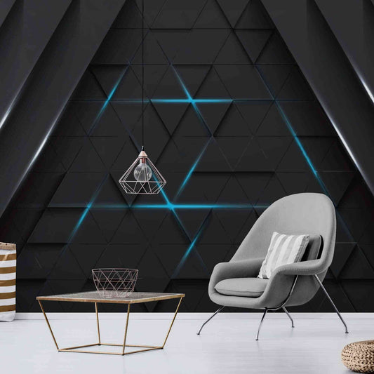 Dark 3D wallpaper with captivating blue neon design creating a futuristic ambiance