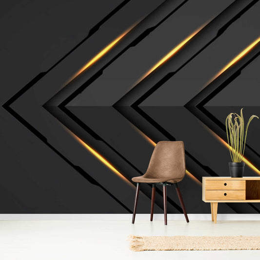 Dark gray 3D wallpaper with gold neon lights creating a glamorous ambiance