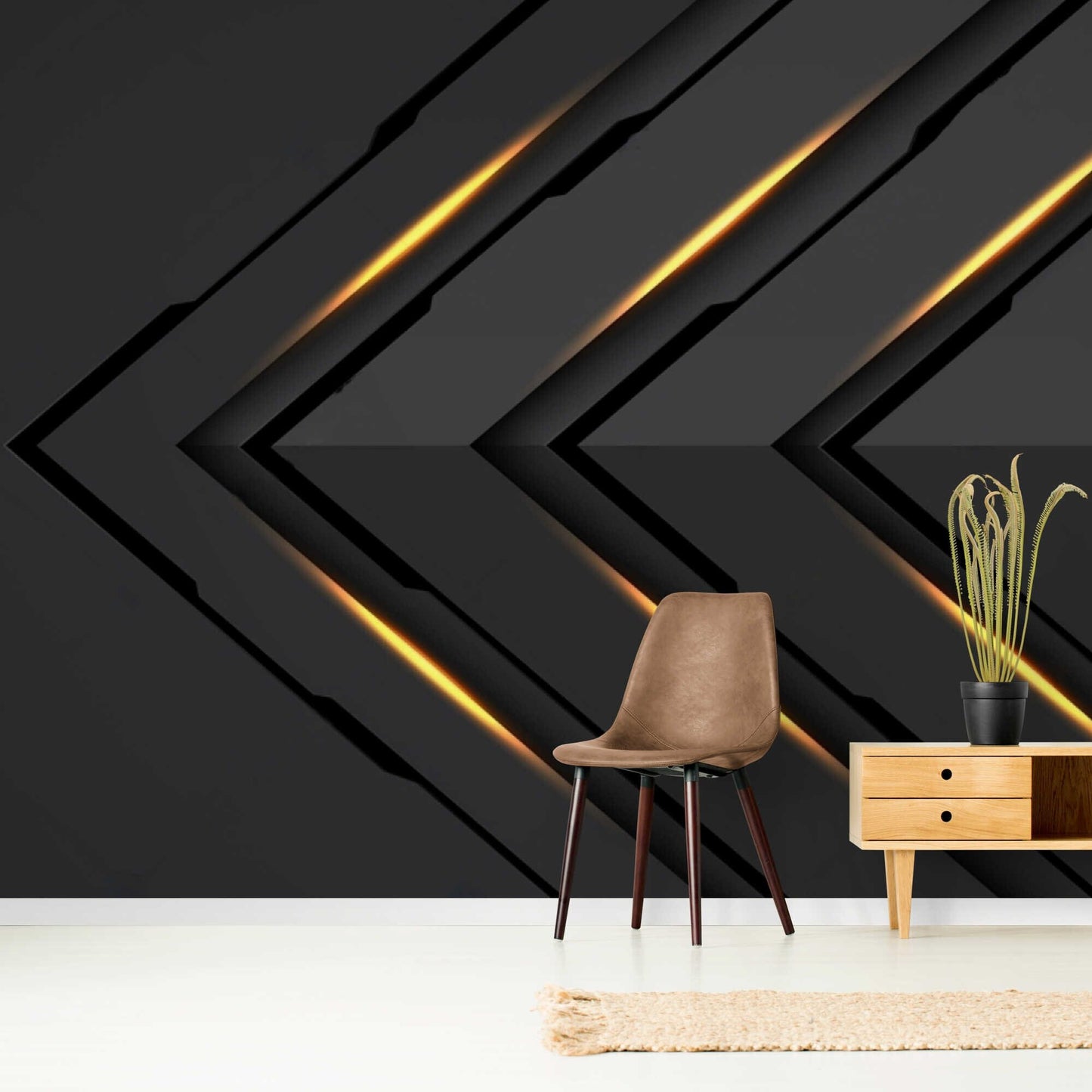 Dark gray 3D wallpaper with gold neon lights creating a glamorous ambiance
