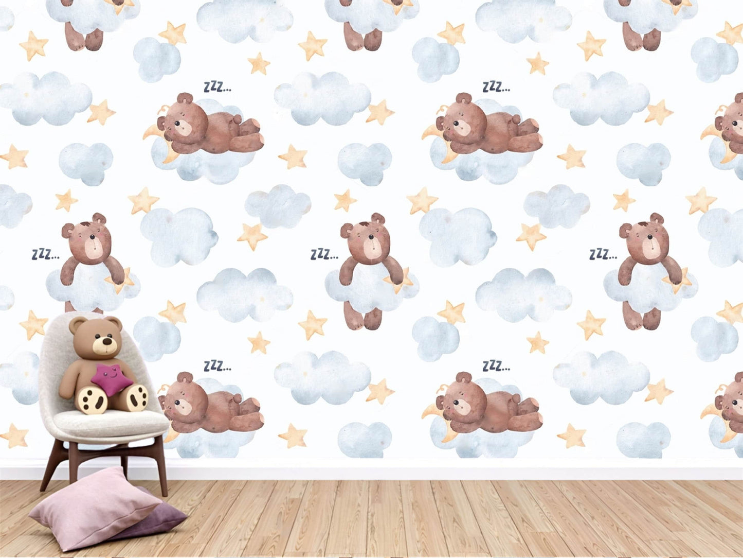 Dreamy clouds wallpaper mural, creating a peaceful and dreamlike ambiance in the nursery.