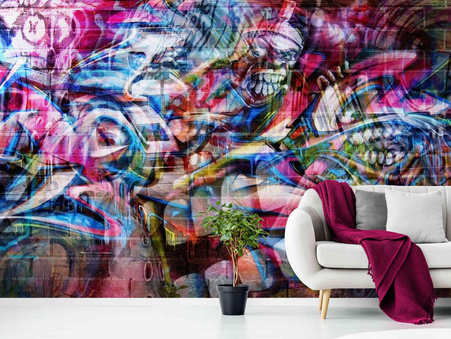 Eerie urban landscape captured in a scary graffiti art wall mural, invoking a sense of mystery.