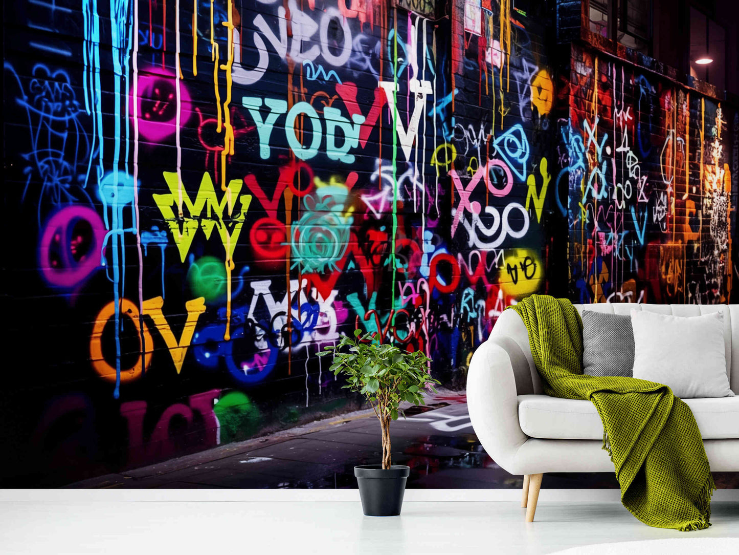 Electric neon meets urban graffiti in this wallpaper, transforming any room into a vibrant spectacle.