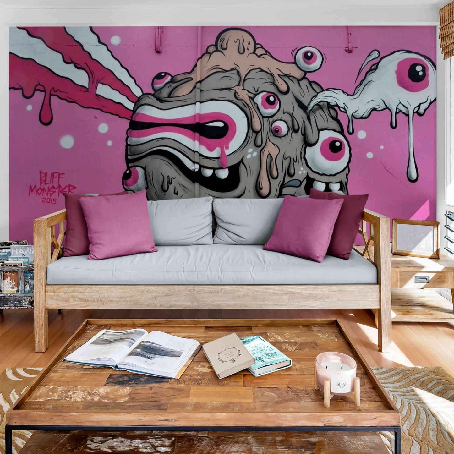 Empowering messages in pink street art graffiti, inspiring creativity in a girl's bedroom mural.